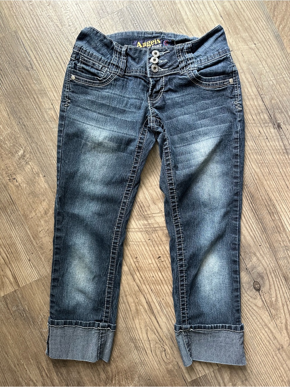Angels Jeans Y2K Low Rise Capri Jeans Size 3 Rhinestone Embroidered Cuffed Denim